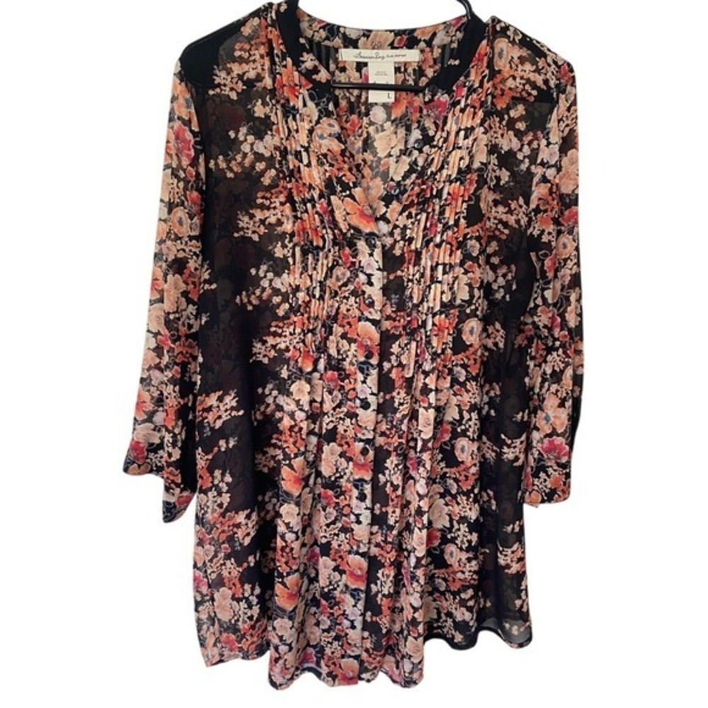 AMERICAN RAGS Womens Sheer‎ Black & Floral Blouse Pleated Button Detail SZ L